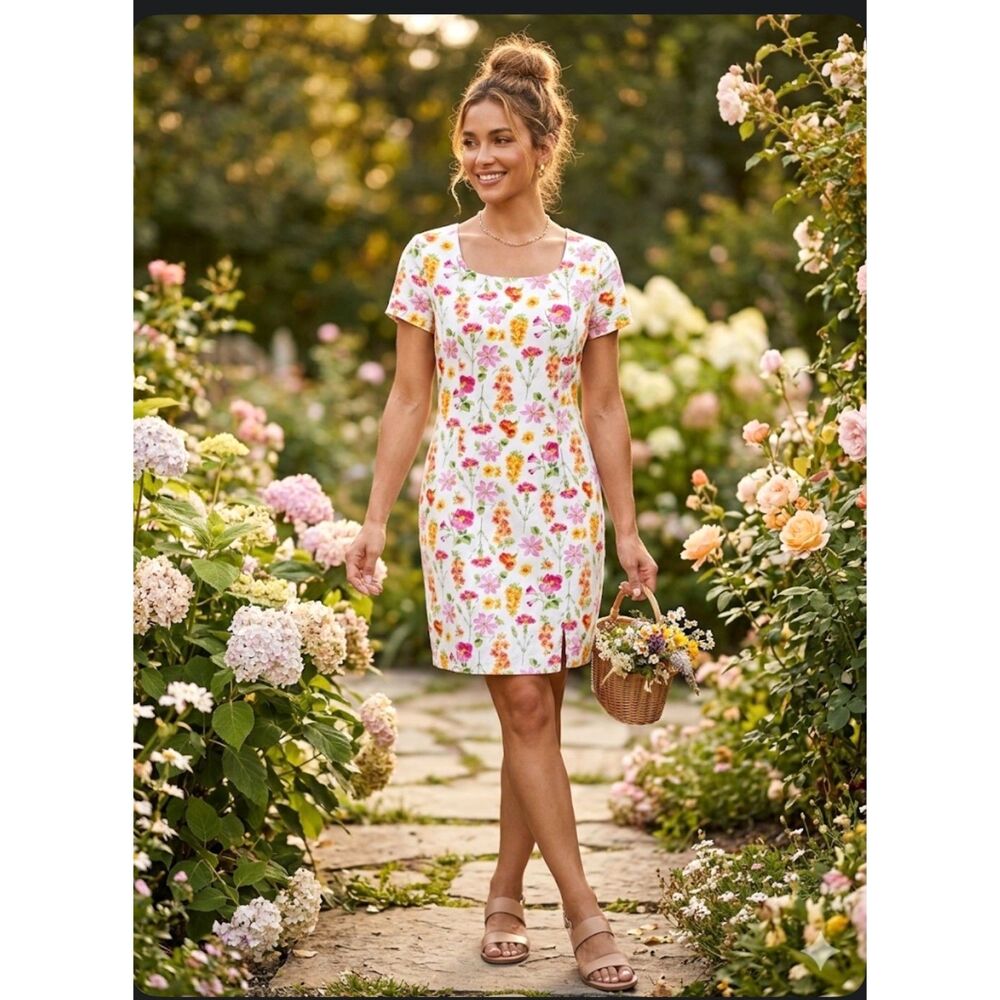 Vintage 90s Cottagecore Floral Dress White Cotton Milkmaid Picnic USA 14